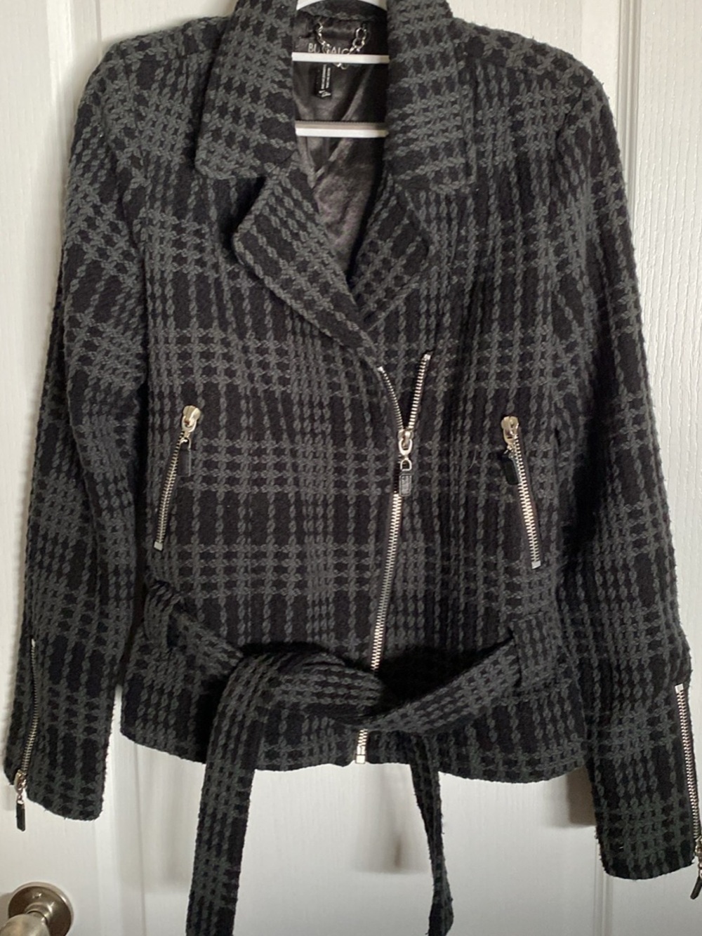 Buffalo David Bitton Black and Gray Plaid Belted Moto-Style Jacket